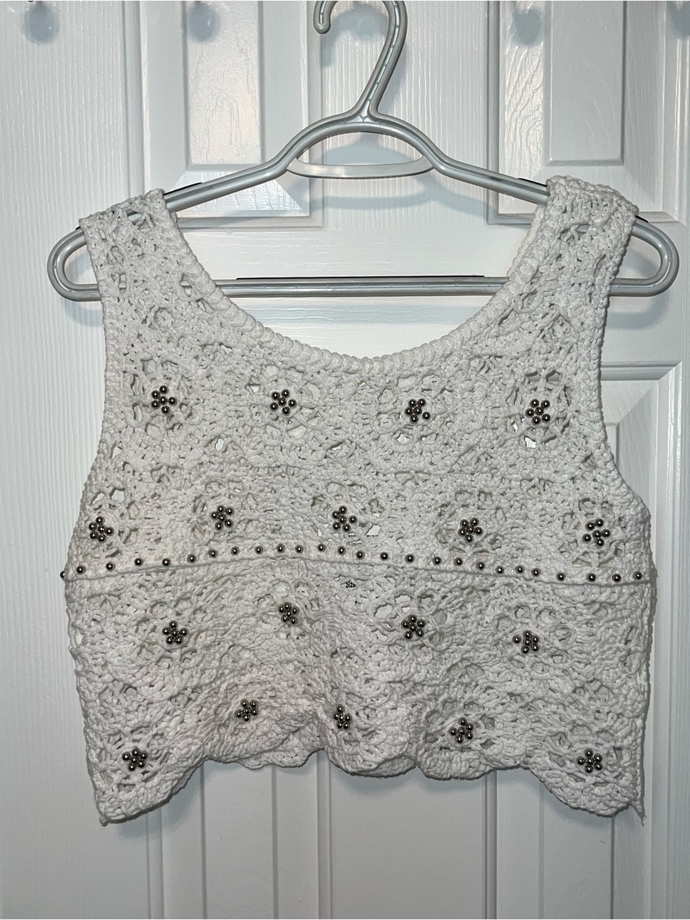 Rebellion White Crochet Crop Tank Top with Silver Beaded Stud Embellishment | XL